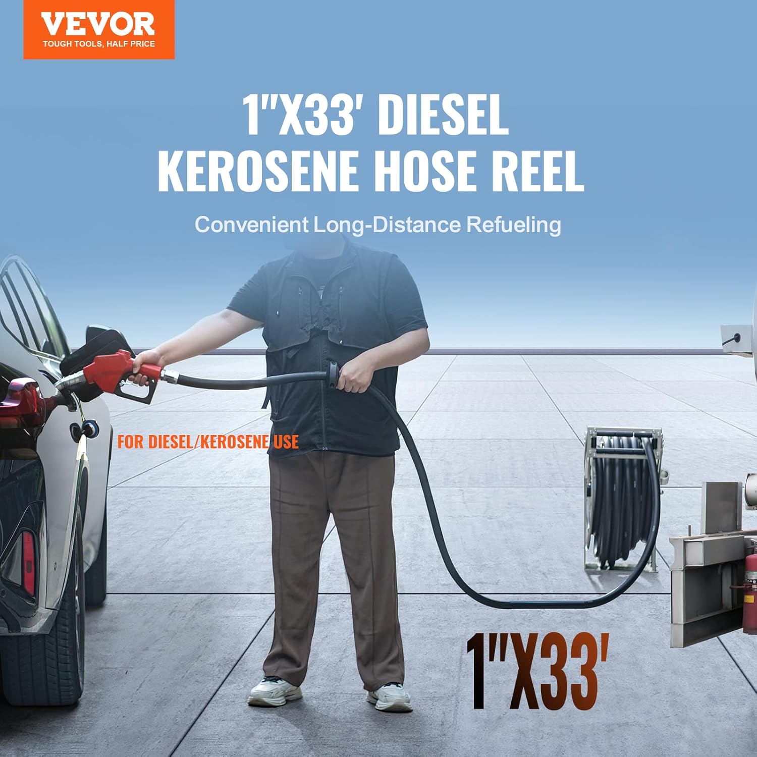 VEVOR Kraftstoffschlauchtrommel 2,54 cm x 10,06 m Dieselschlauchtrommel aus Kohlenstoffstahl mit automatischer Kraftstoffdüse NBR-Gummischlauch für Tankwagen von Flugzeugen Schiffen Fahrzeugen 300 PSI