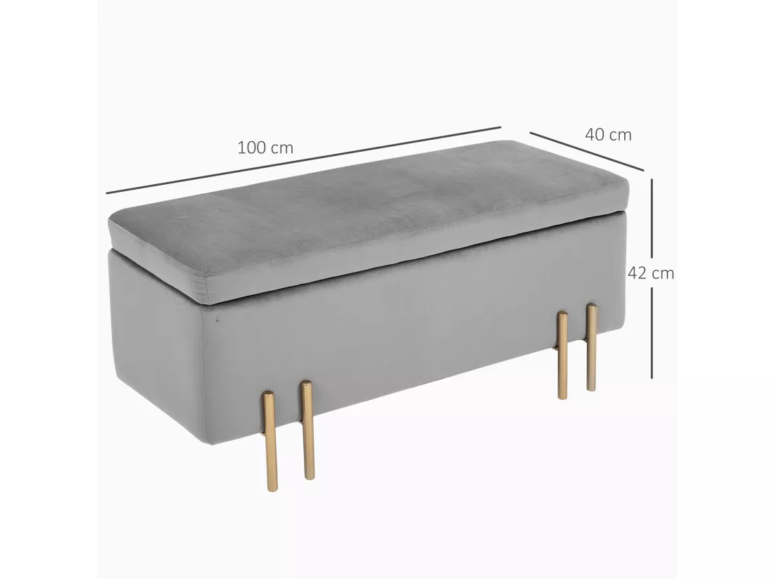 HOMCOM Grand pouf coffre de rangement design contemporain- banc avec espace de rangement - dim. 100L x 40l x 42H cm - velours gris clair piètement métal doré