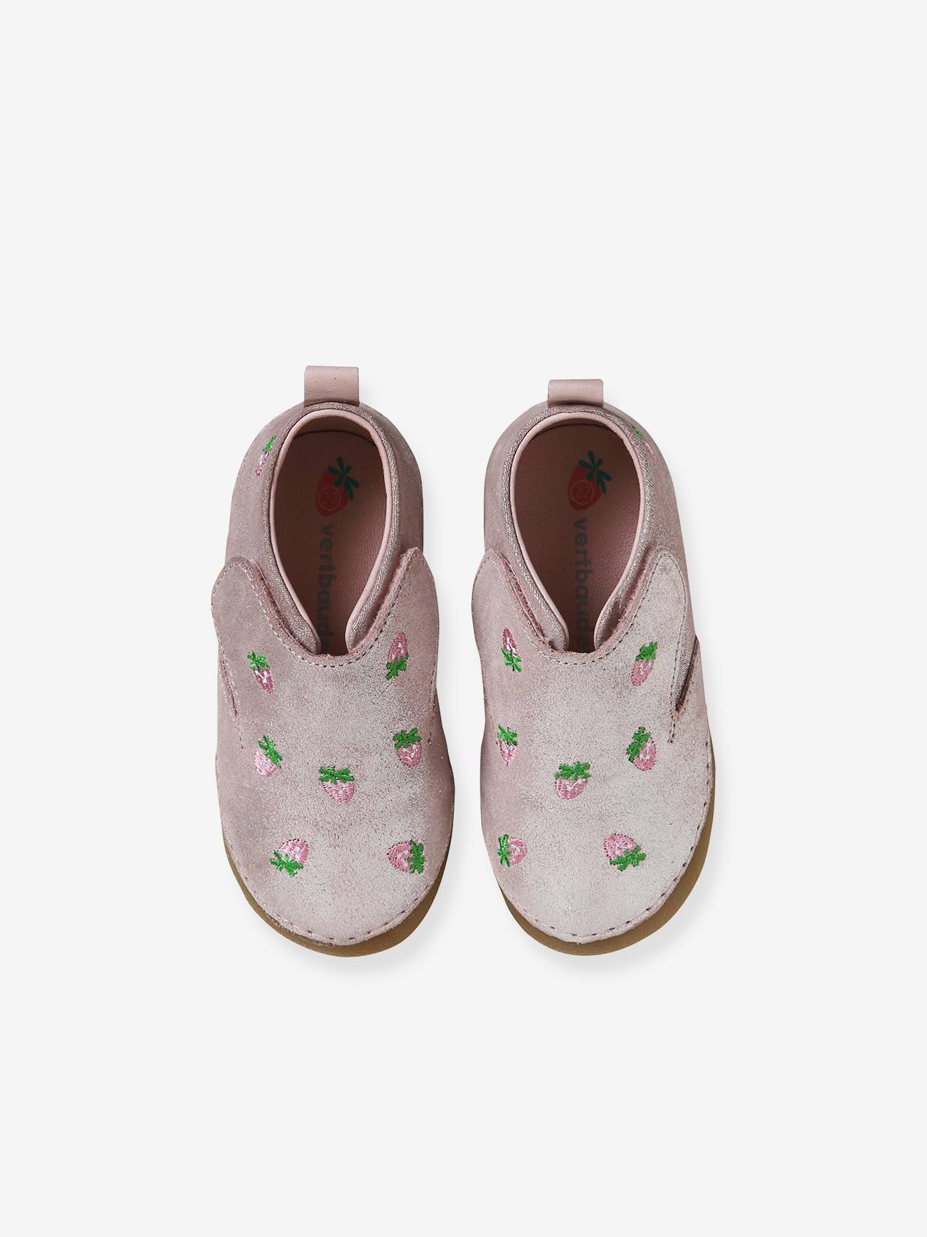 Pantufas rosa de couro macio para bebê com fecho de velcro