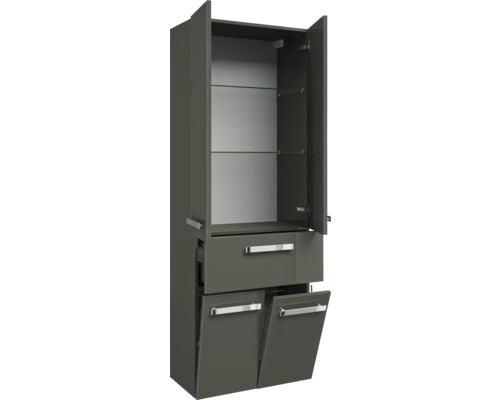 Badkamermeubelset Pelipal serie 4005, afmetingen (B x H x D): 212 x 200 x 49,1 cm, fronten in hoogglans grijs. 5-delige badkamermeubelset bestaande uit een witte glazen wastafel, spiegelkast met ledverlichting, wastafelmeubel, hoge kast, hangkast en
