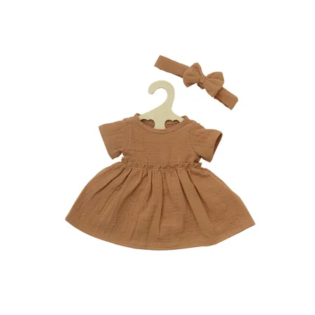 Heless Puppenkleid aus 100 % Bio-Baumwolle mit Rüschen und Haarband, karamell, 2-teilig, Gr. 28-35 cm