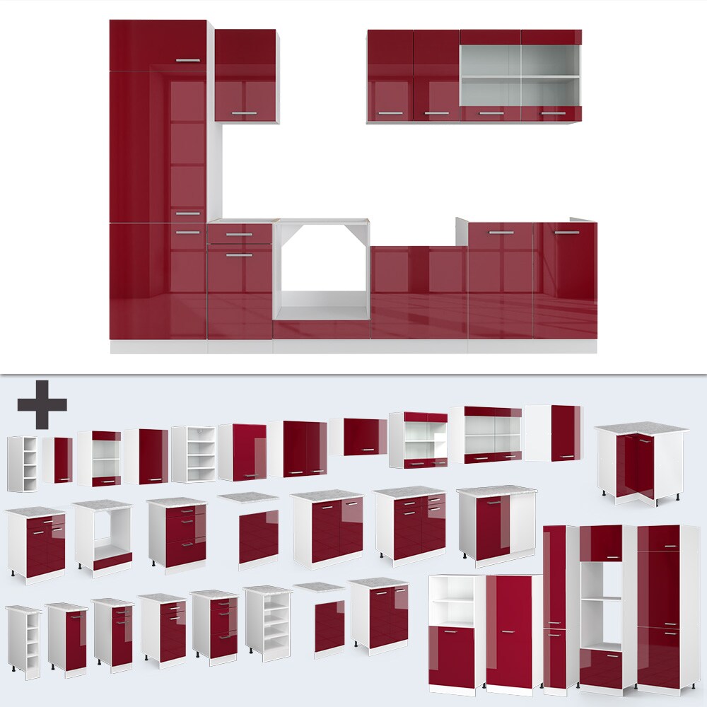VICCO KÜCHE R-LINE 300CM KÜCHENZEILE KÜCHENBLOCK EINBAU ROT BORDEAUX HOCHGLANZ