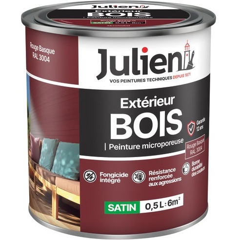 Peinture microporeuse 0,5 L Extérieur Bois Satin - Rouge Basque RAL3004