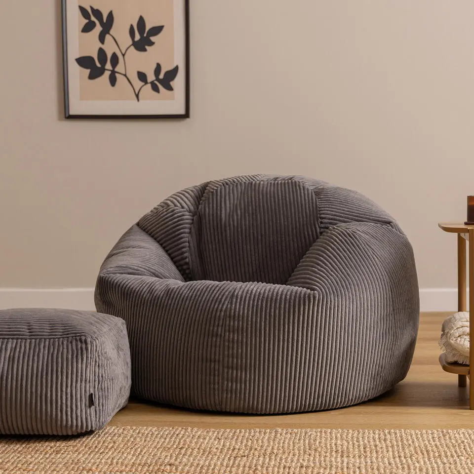 icon - Kingston XL Zitzak Fauteuil met Poef - Ribfluweel - Houtskool