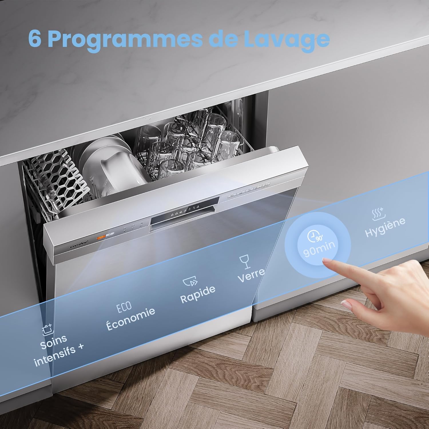 COMFEE' CDWPF1201PS Geschirrspüler freistehend, 60 cm, 12 Gedecke, Startzeitvorwahl, Halblast-Funktion, flexible Körbe, Edelstahl, 49 dB, Bedienung über Tasten