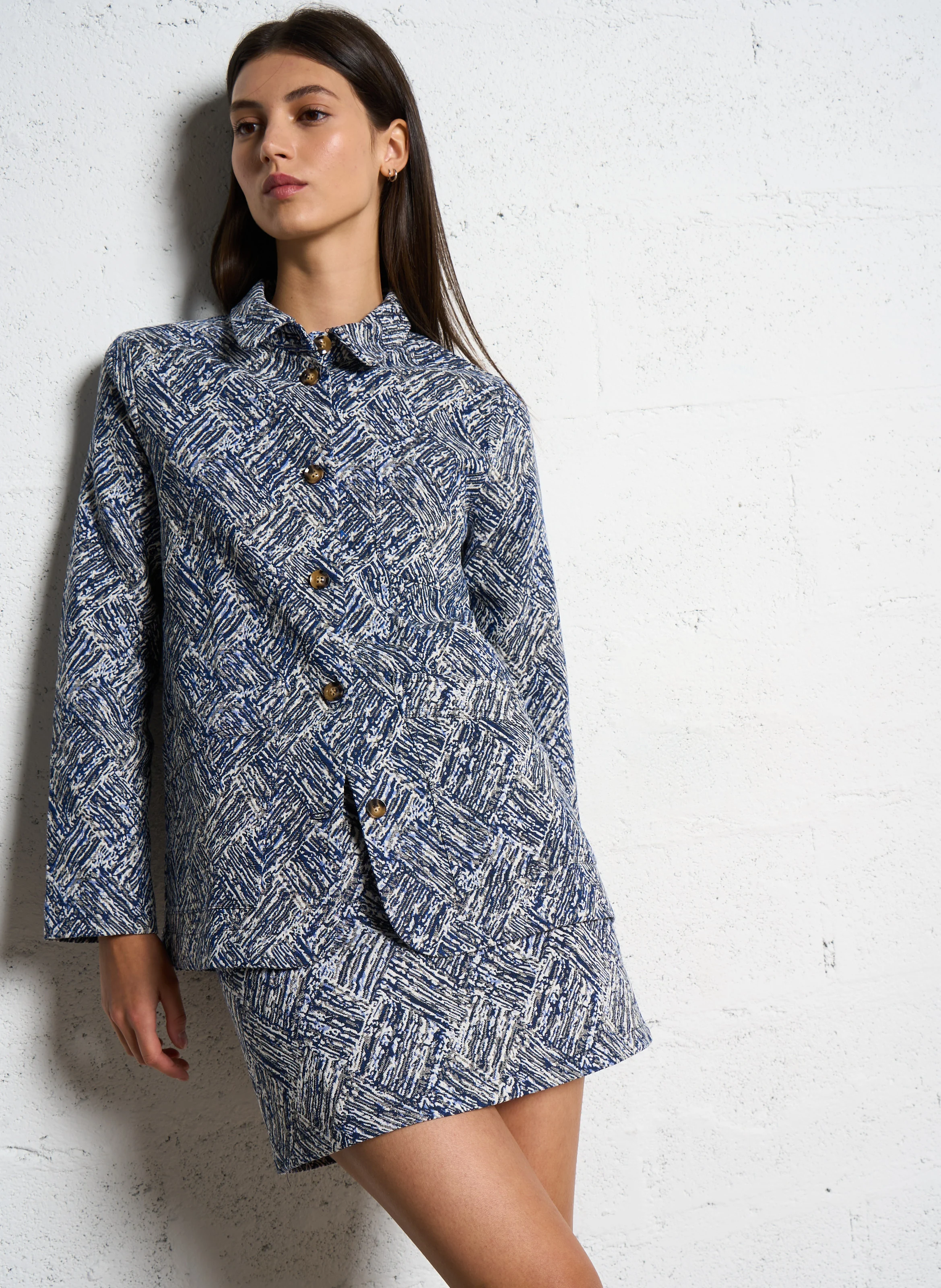 FAULINE - Veste col classique droite en jacquard imprimé | Bleu