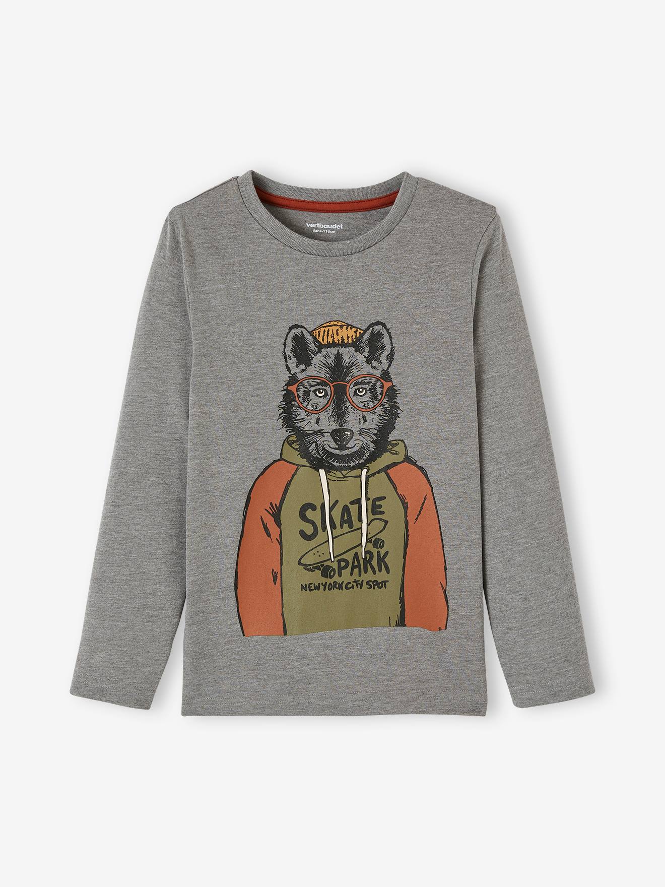 Camiseta divertida com estampa de gato, para meninos, cáqui.