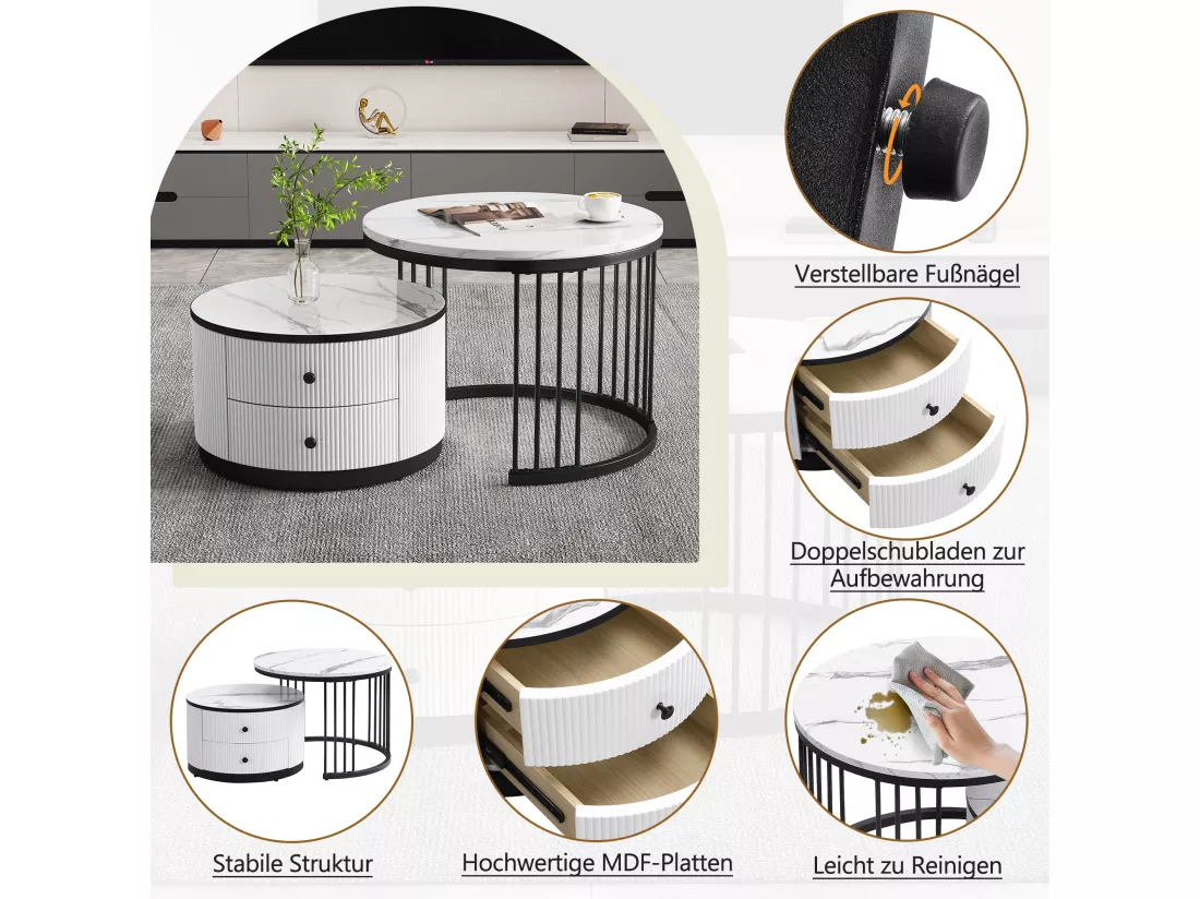 Lot de 2 tables basses gigognes avec 2 tiroirs - 60 x 60 x 45.5 cm + 50 x 50 x 32 cm - Aspect marbre brillant - MDF - Noir et blanc