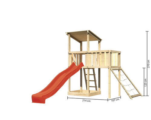 Speeltoren/speelhuis Karibu Anna, 107 x 107 cm, van hout, bestaande uit glijbaan, aanbouw en nethelling (rood).