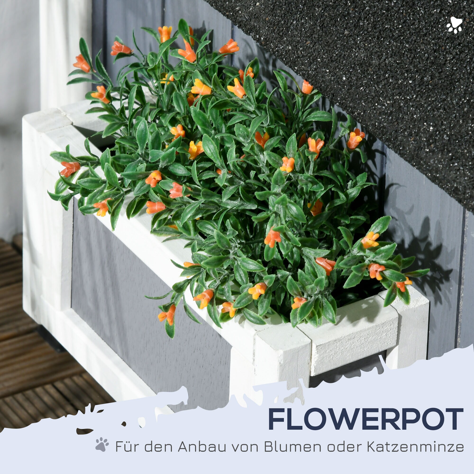 PawHut Katzenhaus mit Blumenkasten gelb 96L x 65B x 85,5H cm