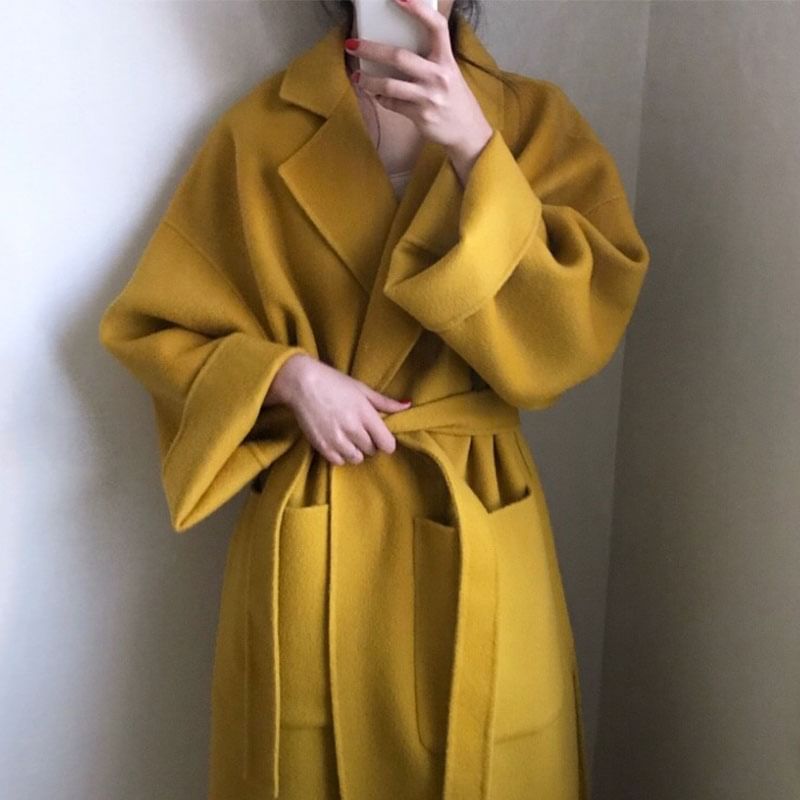 Coris - Notch Lapel Plain Midi Sashed Coat