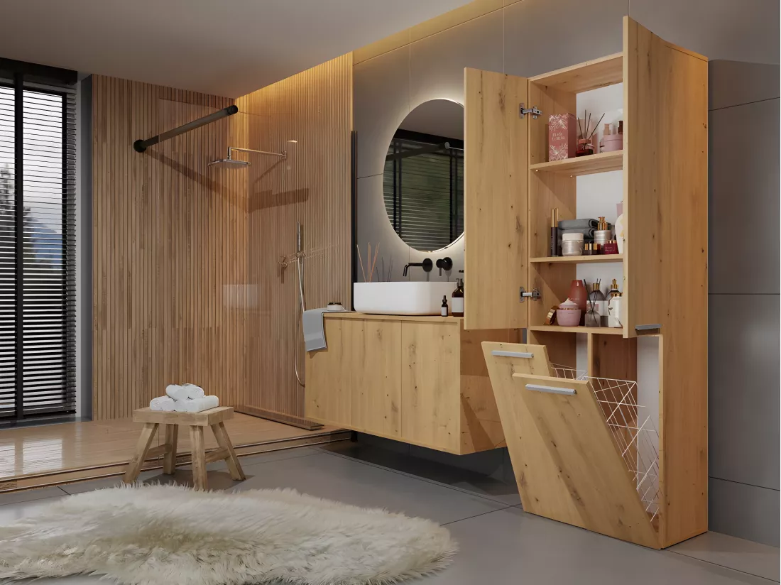 ELLOS - Armoire de salle de bain 2 paniers à ligne - Rangement sdb - 174x60x30 - Meuble colonne