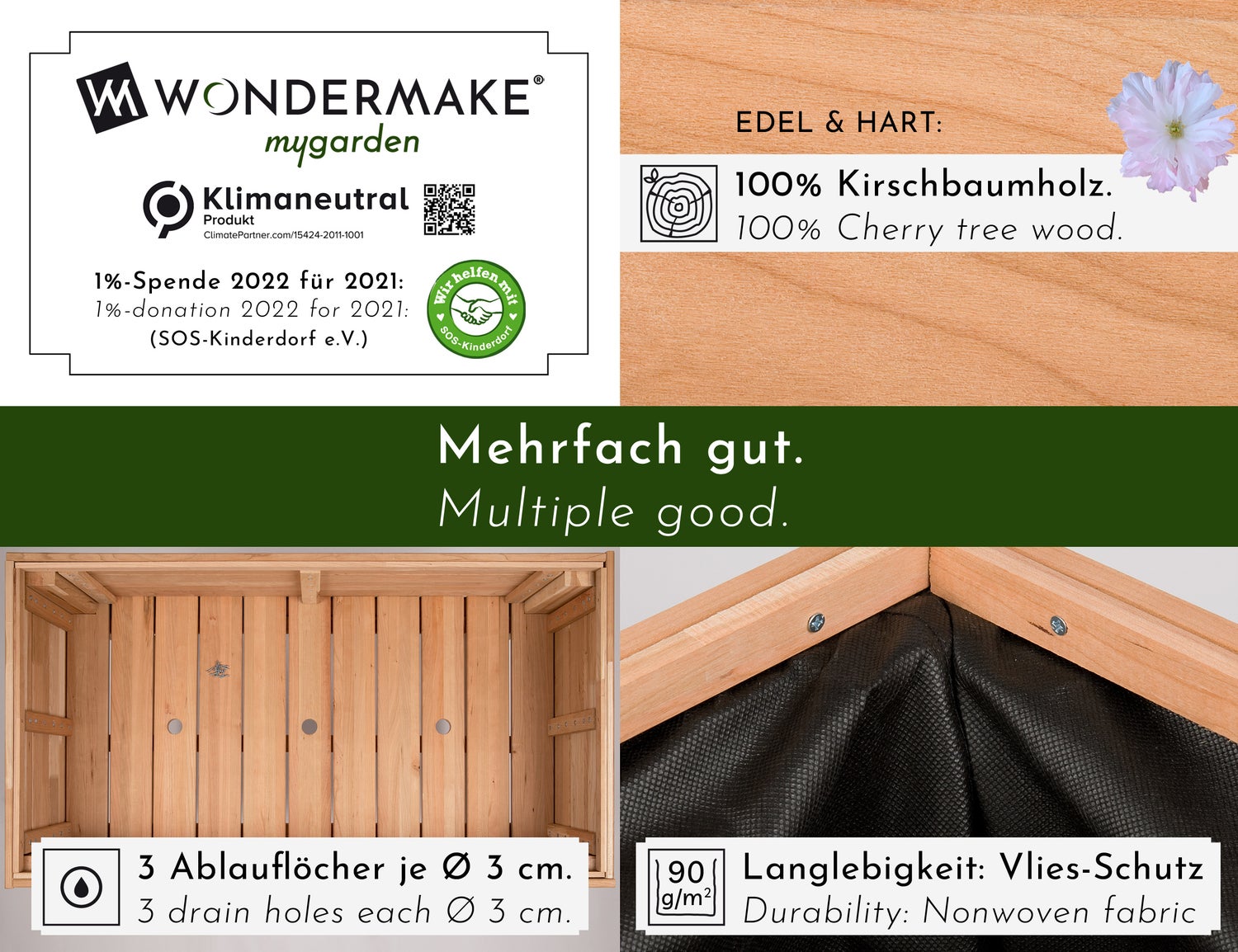 WONDERMAKE - Premium grote verhoogde tuinbak van kersenhout voor tuin, balkon en terras, XL rechthoekige plantenbak van hoge kwaliteit met fleecevoering, kruidentuinbak, decoratief, bruin