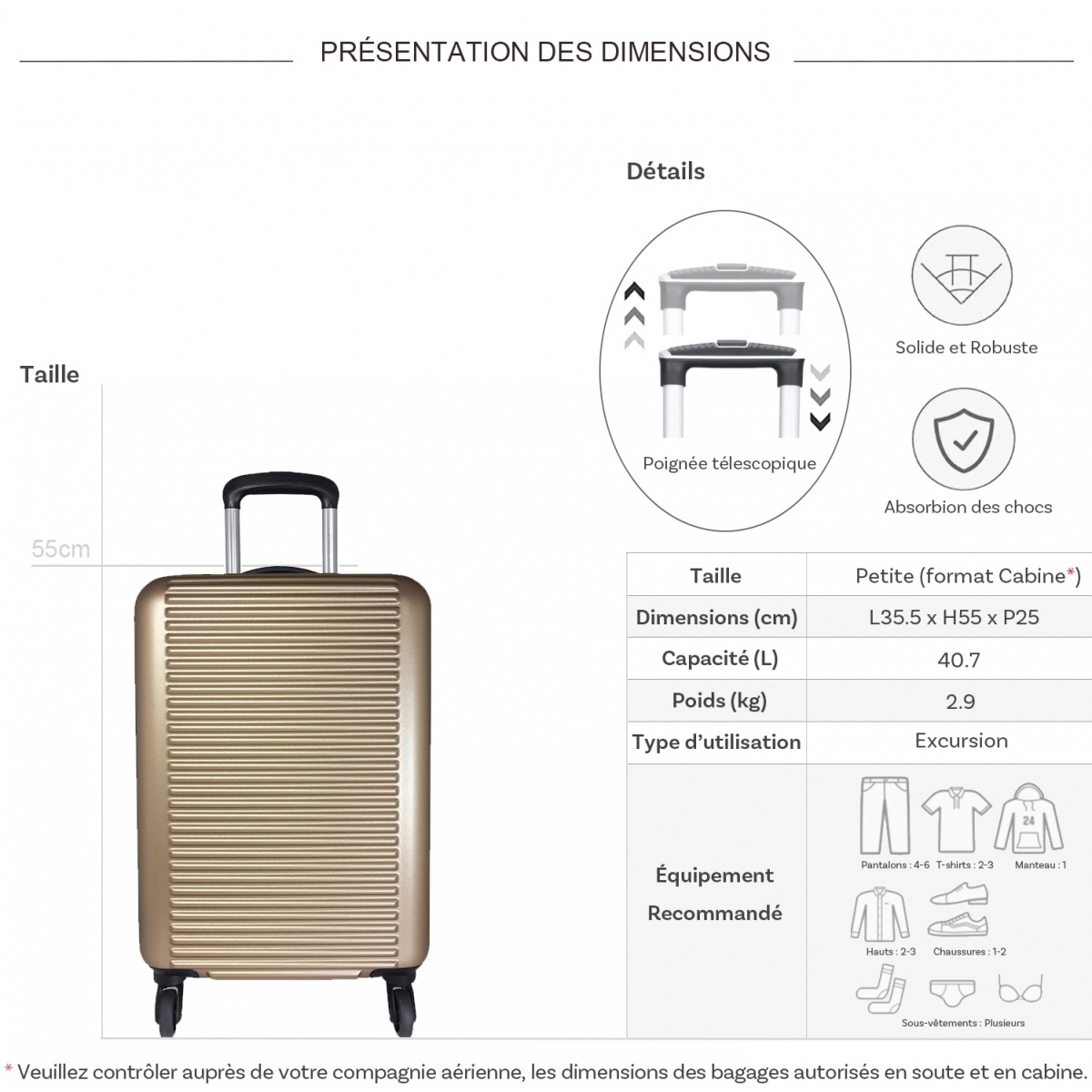 David Jones Valise cabine rigide extensible David Jones ABS 55cm