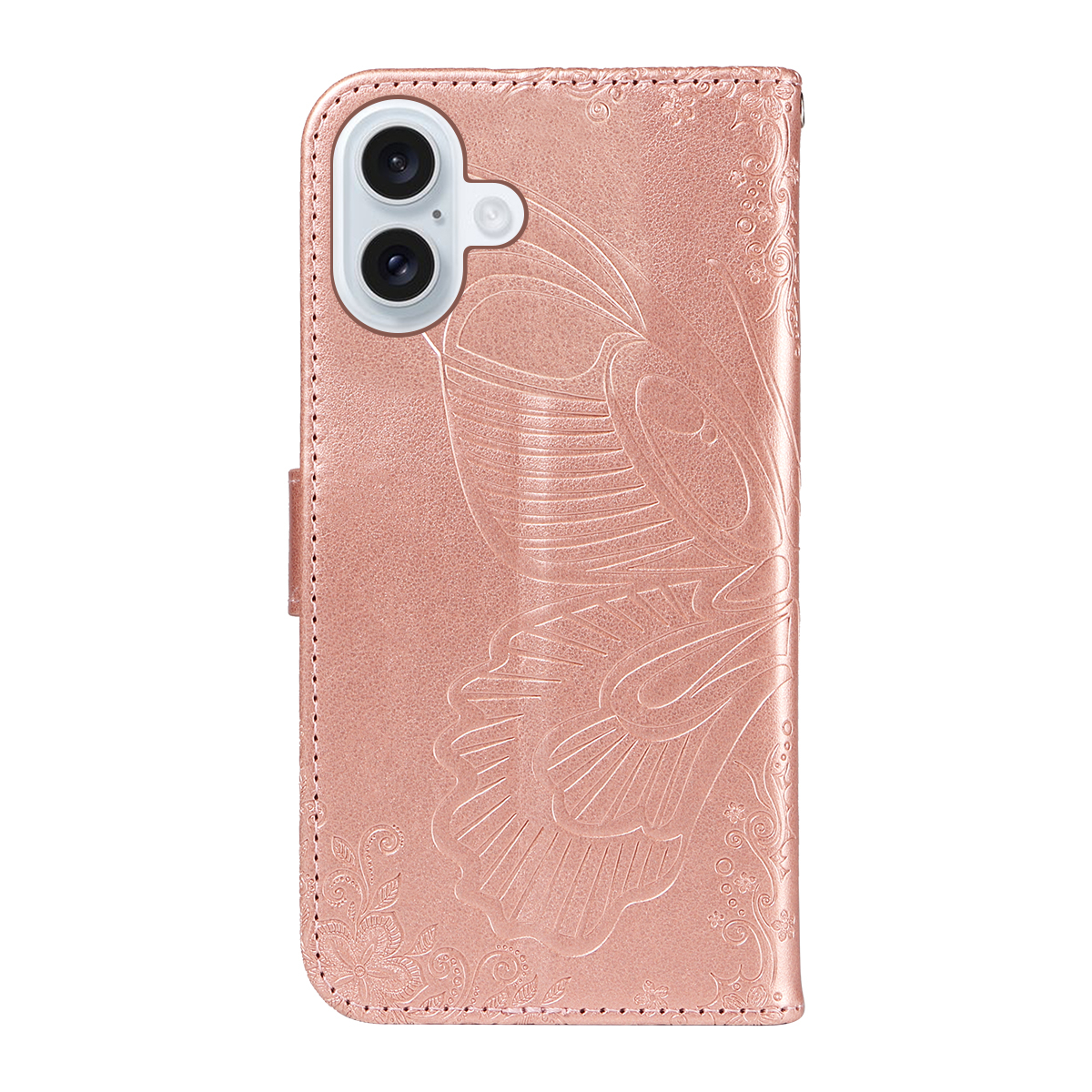 iPhone 17 Leder Tasche Flip Cover Schmetterlinge Imprint - Roségold