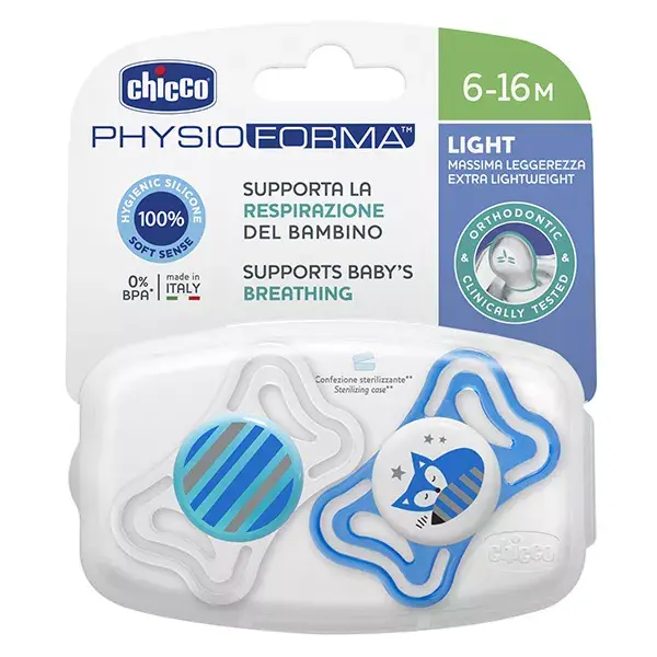 Chupeta Chicco Physio Forma Light de Silicone +6m com Listras de Estrelas, Pacote com 2 + Caixa Esterilizadora