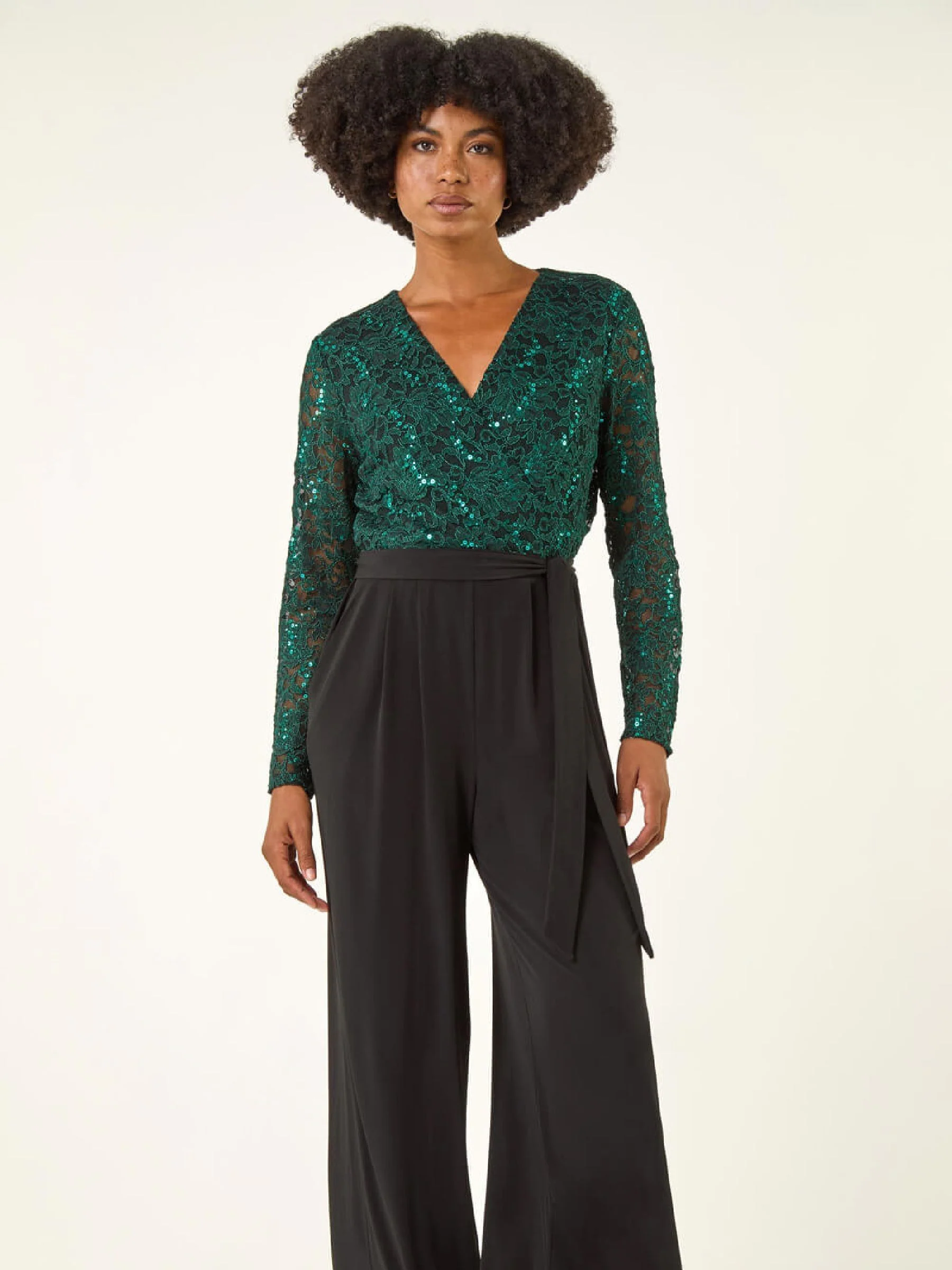 Groen - Roman Pailletten Kant V-hals stretchy Jumpsuit
