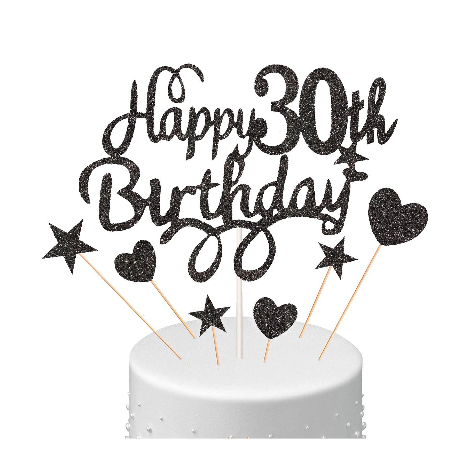 (7-tlg. Set) Kuchenstecker Happy 30th Birthday Glitzer Tortenstecker Topper Dekoration für Torten / Kuchen - Schwarz