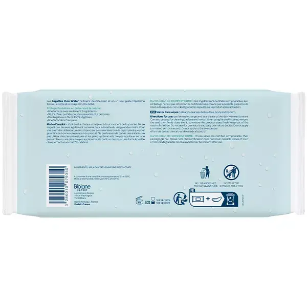 Lenços umedecidos Biolane Expert Change Pure Water, 99,9% de água purificada, 60 unidades.