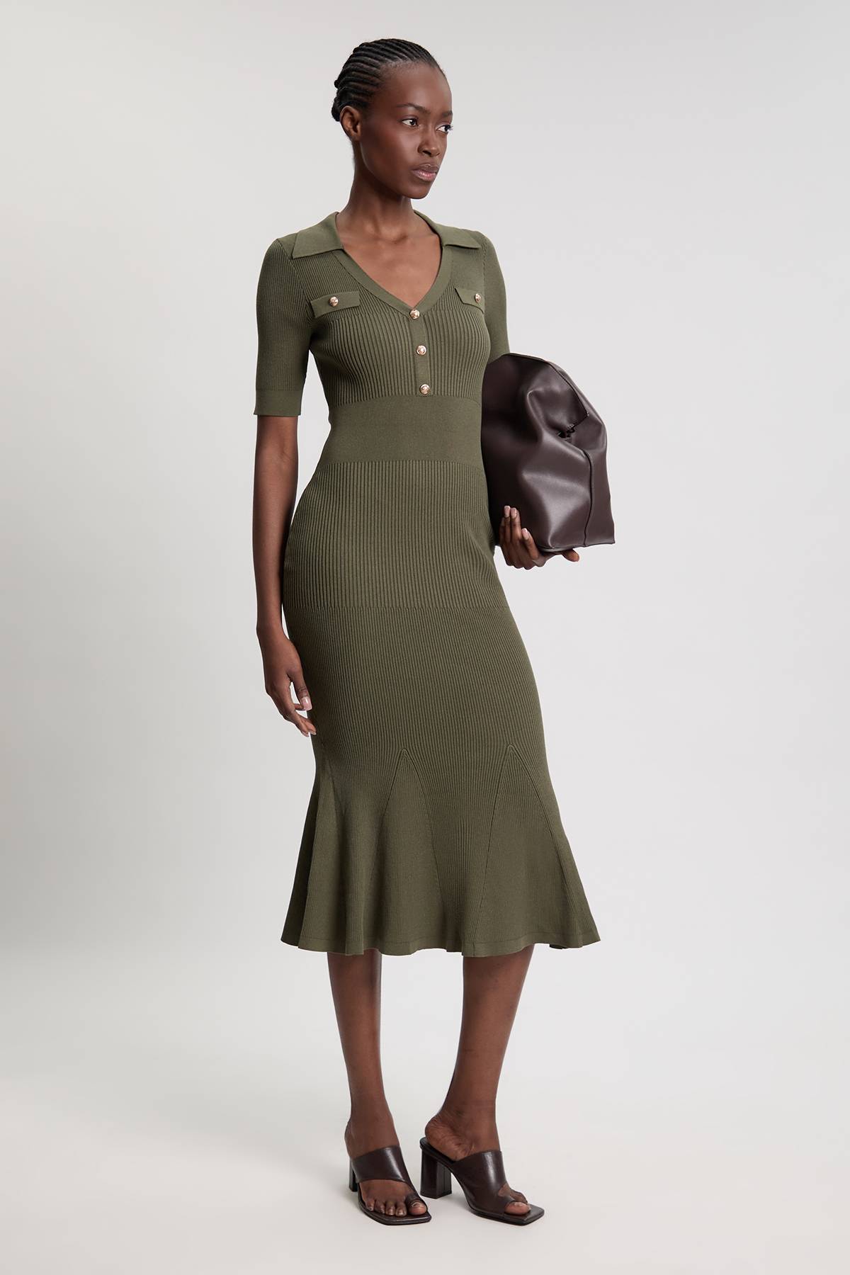 KarenMillen Robe Longue Côtelée À Col Et Finitions Militaires