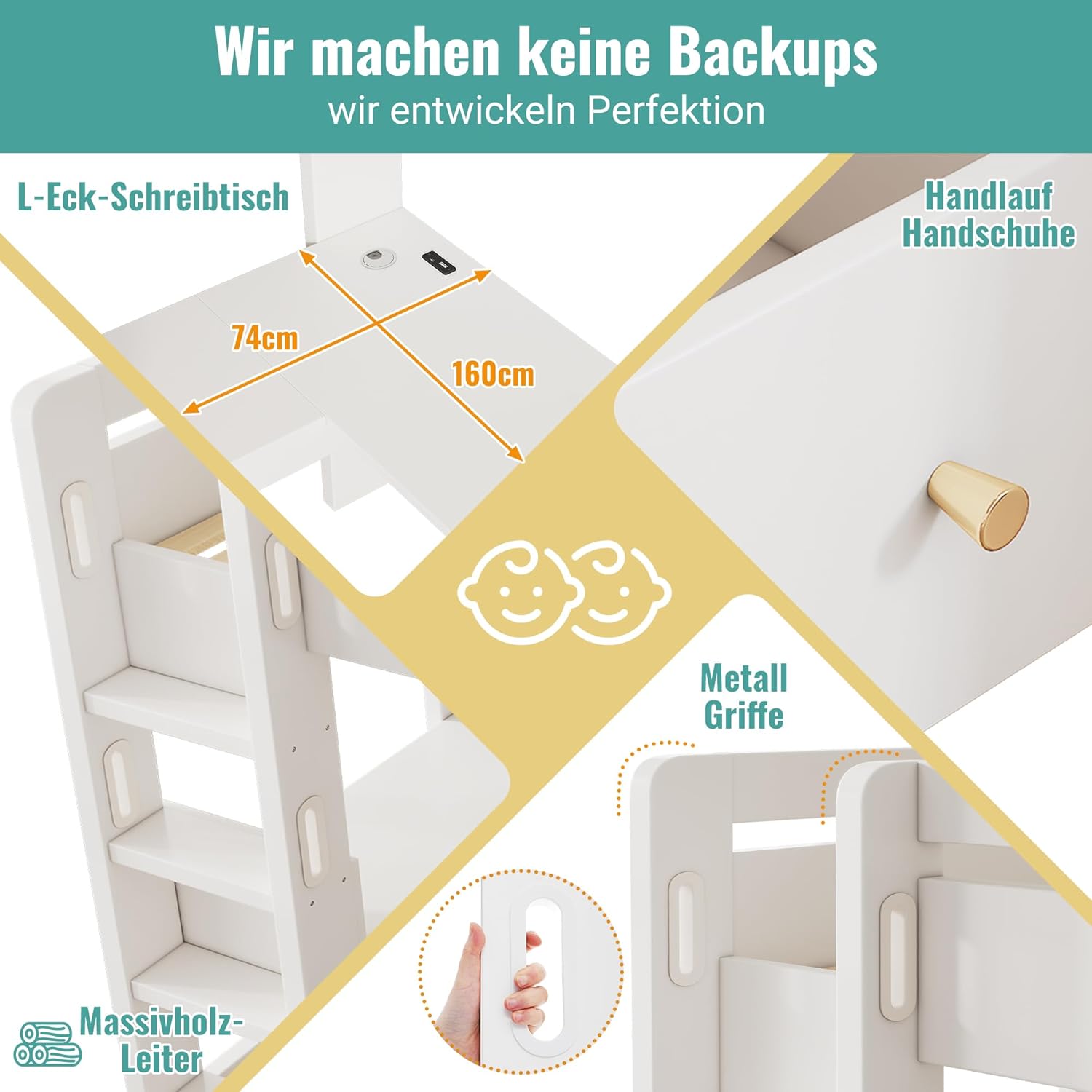 Moimhear Kinderbett Hochbett, 90×200cm, Weiß, mit L-förmigem Schreibtisch, Regalen und Schubladen mit USB/Type-C Ladebereich, mit Leiter und Holzlattenrost