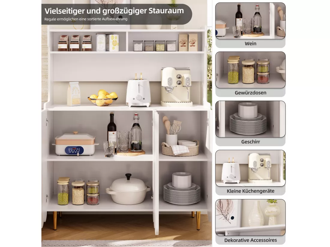 Buffet de cuisine avec 3 portes et étagères de rangement ouverte - 120 x 40 x 151 cm - Bois MDF - Blanc