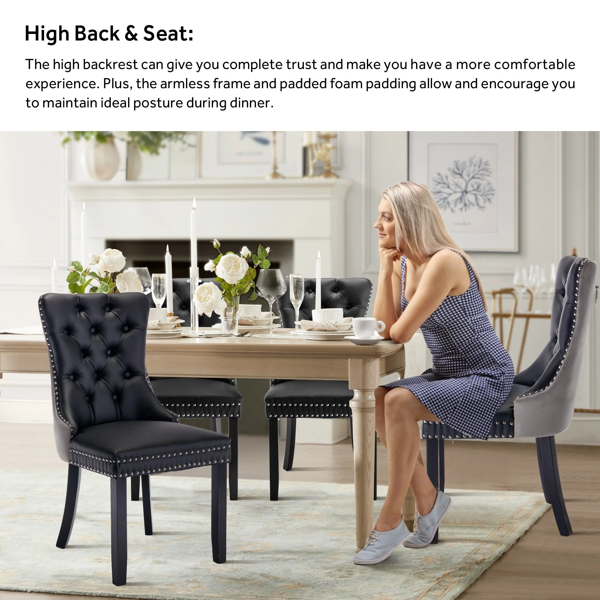Upholstered Tufted Velvet Dining Chair with Solid Wood Legs Set of 6
