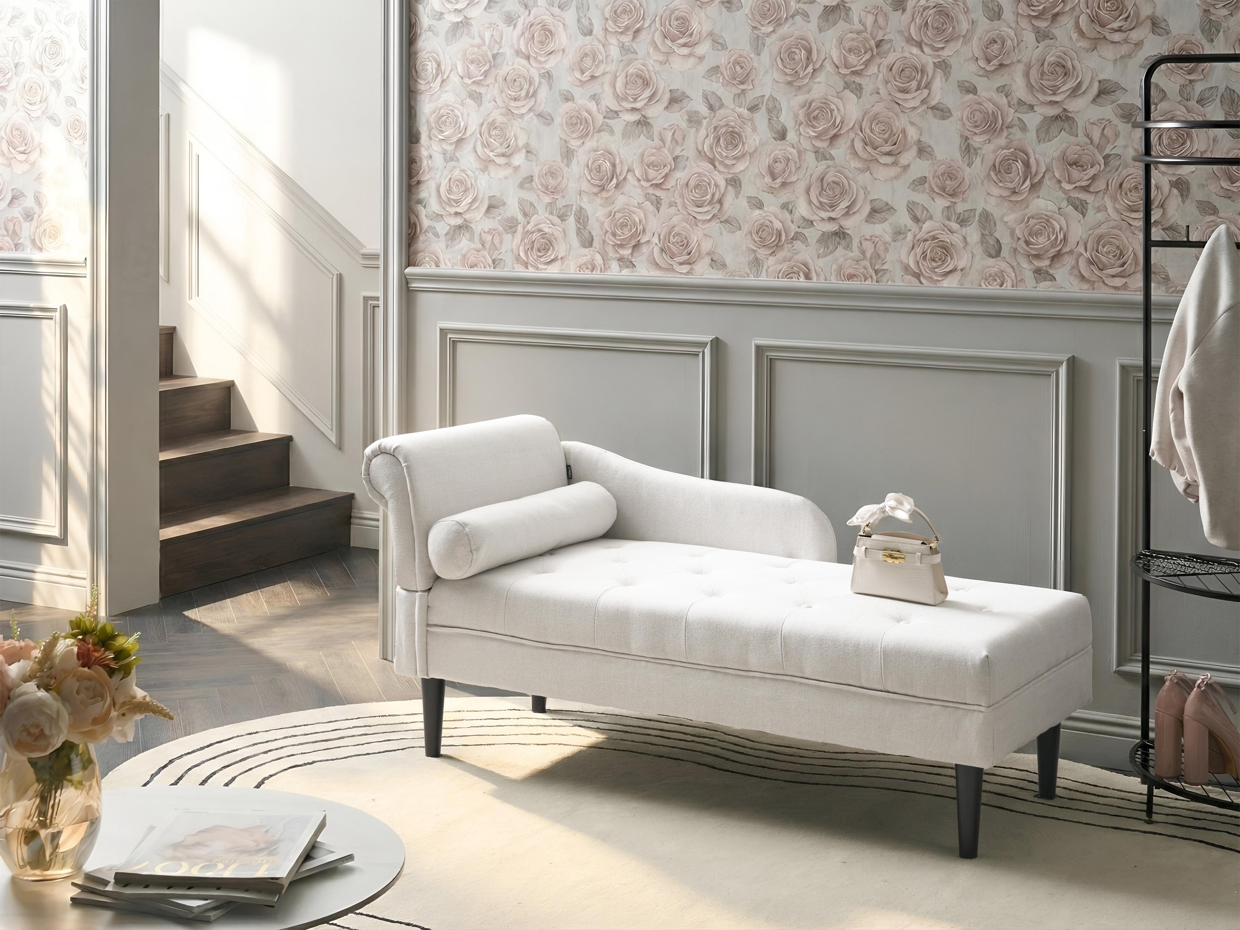 Linkszijdige chaise longue YVOIRE Stof Gebroken wit