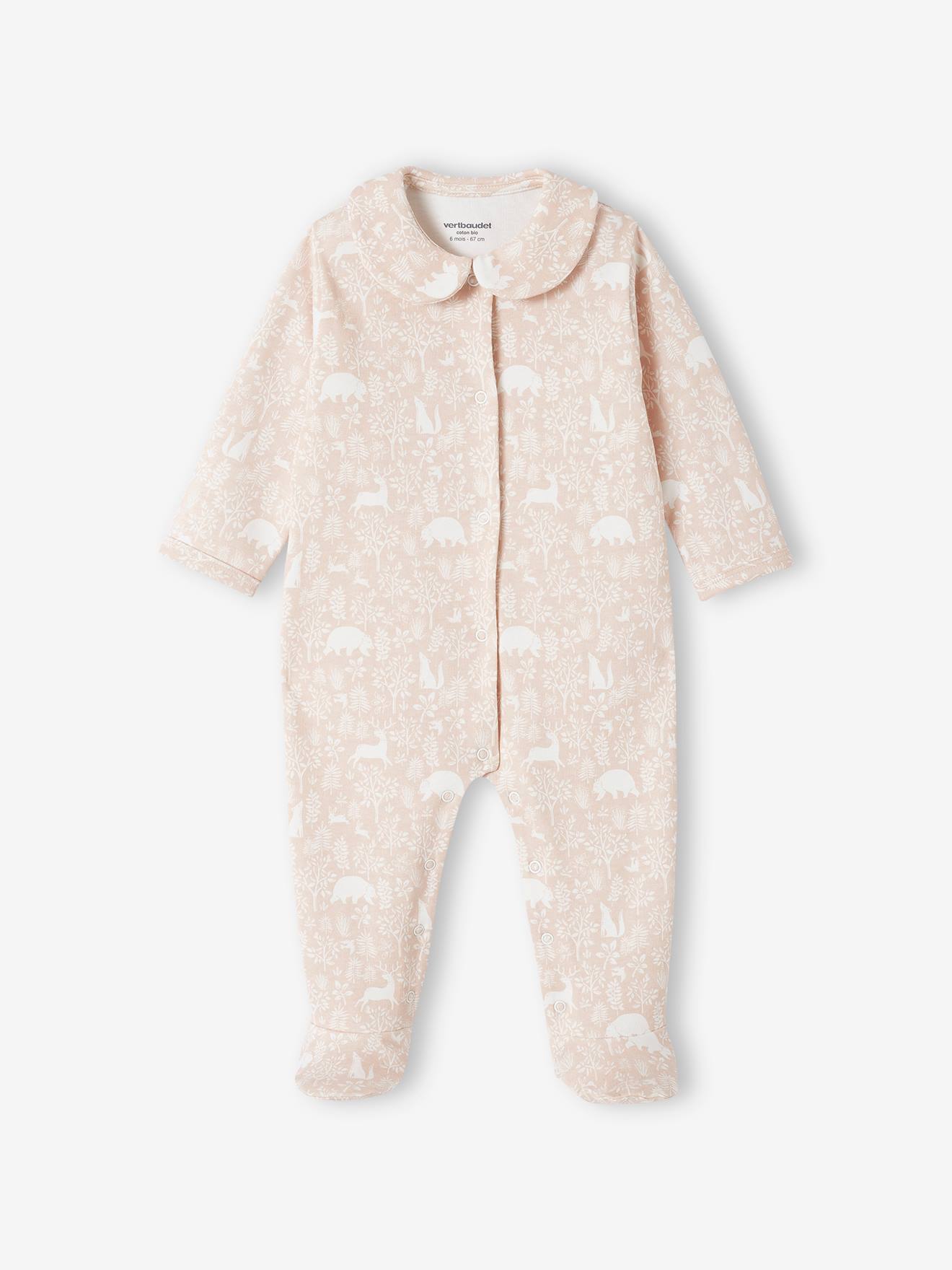 Conjunto de 2 macacões de bebê em algodão orgânico com estampa de animais, cor rosa.