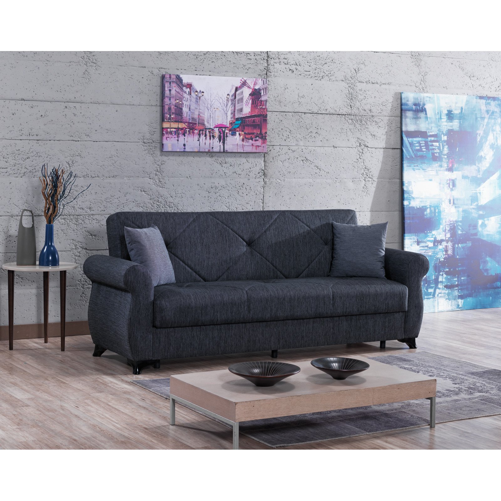 Bettsofa Rana Stoff dunkelgrau, Bettkasten
