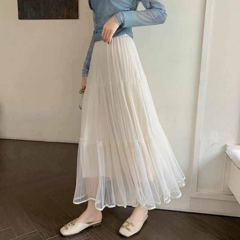 Luminato - Elastische taille, effen gelaagde mesh maxi-A-lijn rok