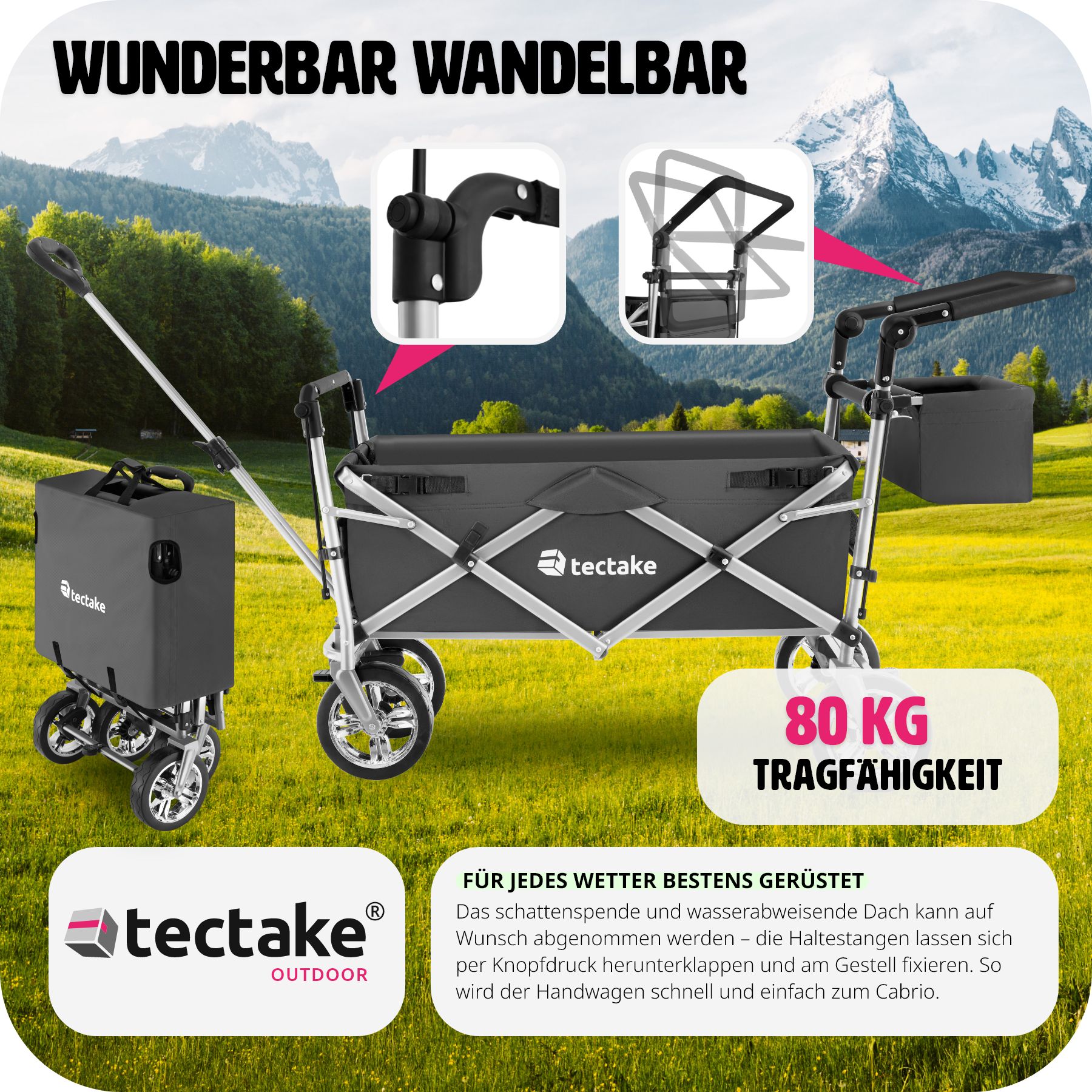 tectake® Bollerwagen, faltbar, mit Dach, abnehmbarer Stoffeinsatz mit 6 Taschen, inklusive Tragetasche, Belastbarkeit 80 kg
