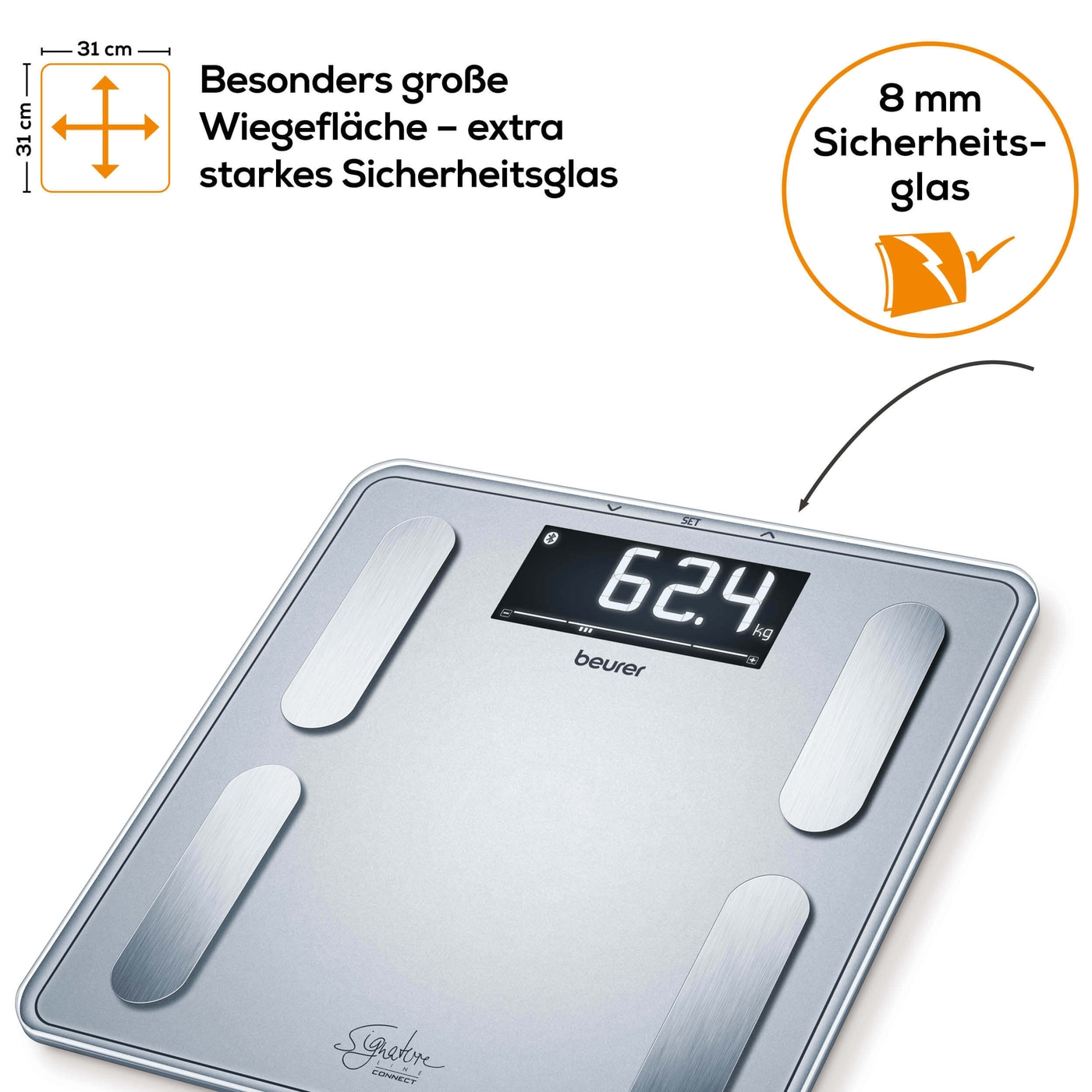 Diagnosewaage BF 405 Signature Line Bluetooth Personen Waage zur Körperanalyse mit App Funktion (iOS / Android) (76006) - Silber