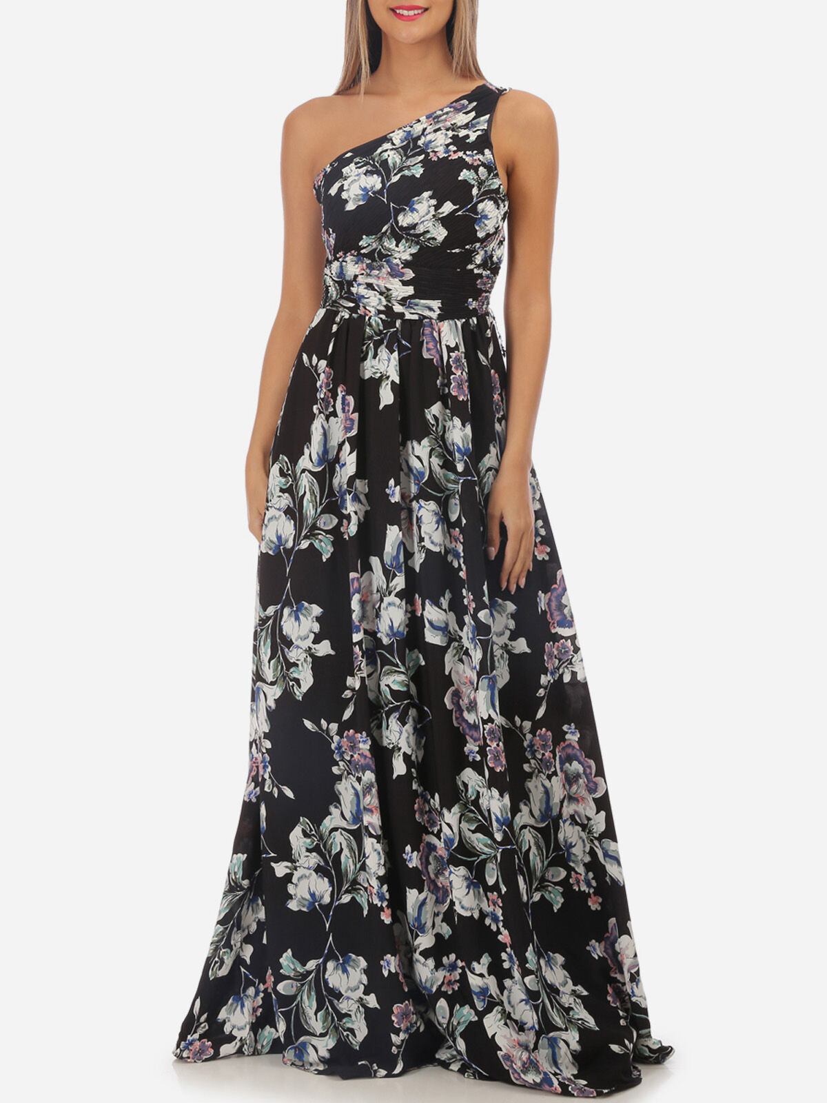 Robe longue asymétrique fleurie- Noir