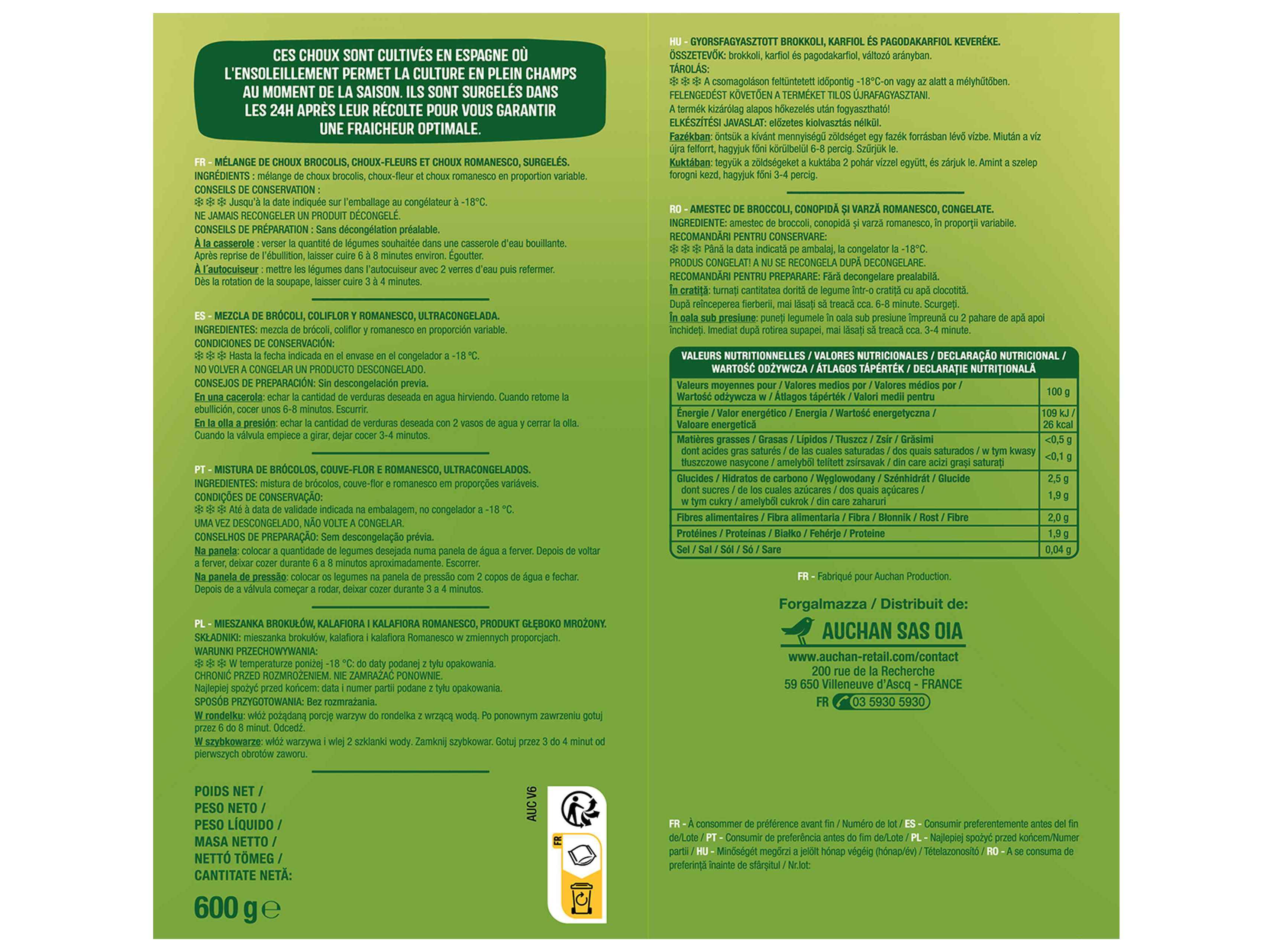 MISTURA AUCHAN DE BRÓCULOS COUVE FLOR E ROMANESCO 600G
