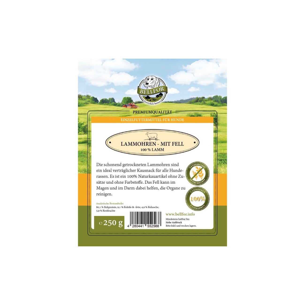 Bellfor Gesunder Hundesnack - Lamm-Ohren mit Fell - 250g