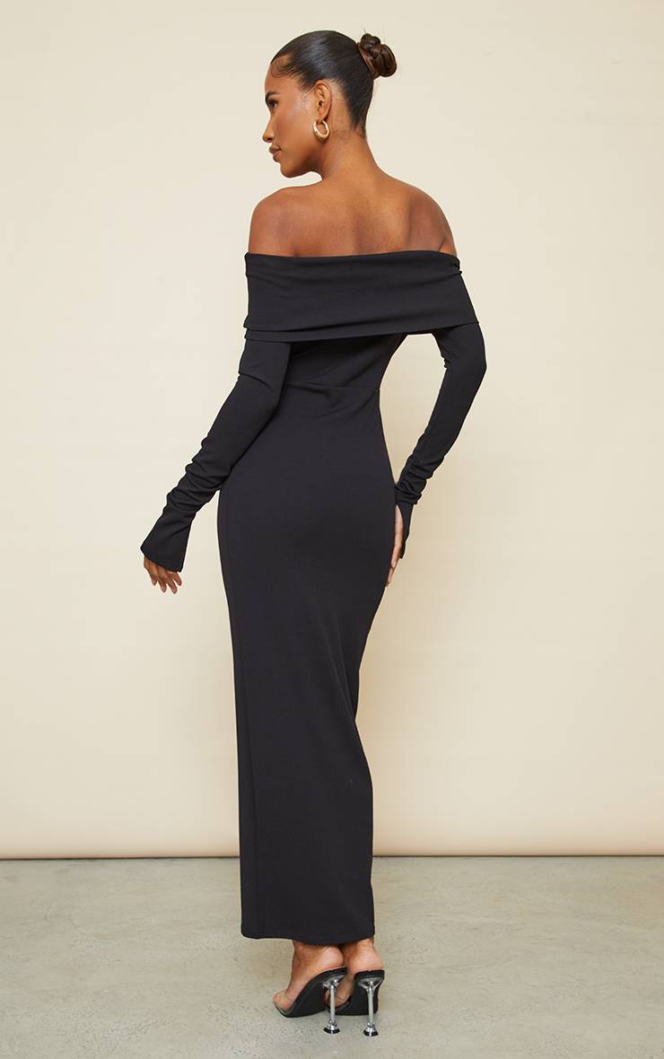 Noir Robe Longue À Manches Froncées Avec Détail De Pli