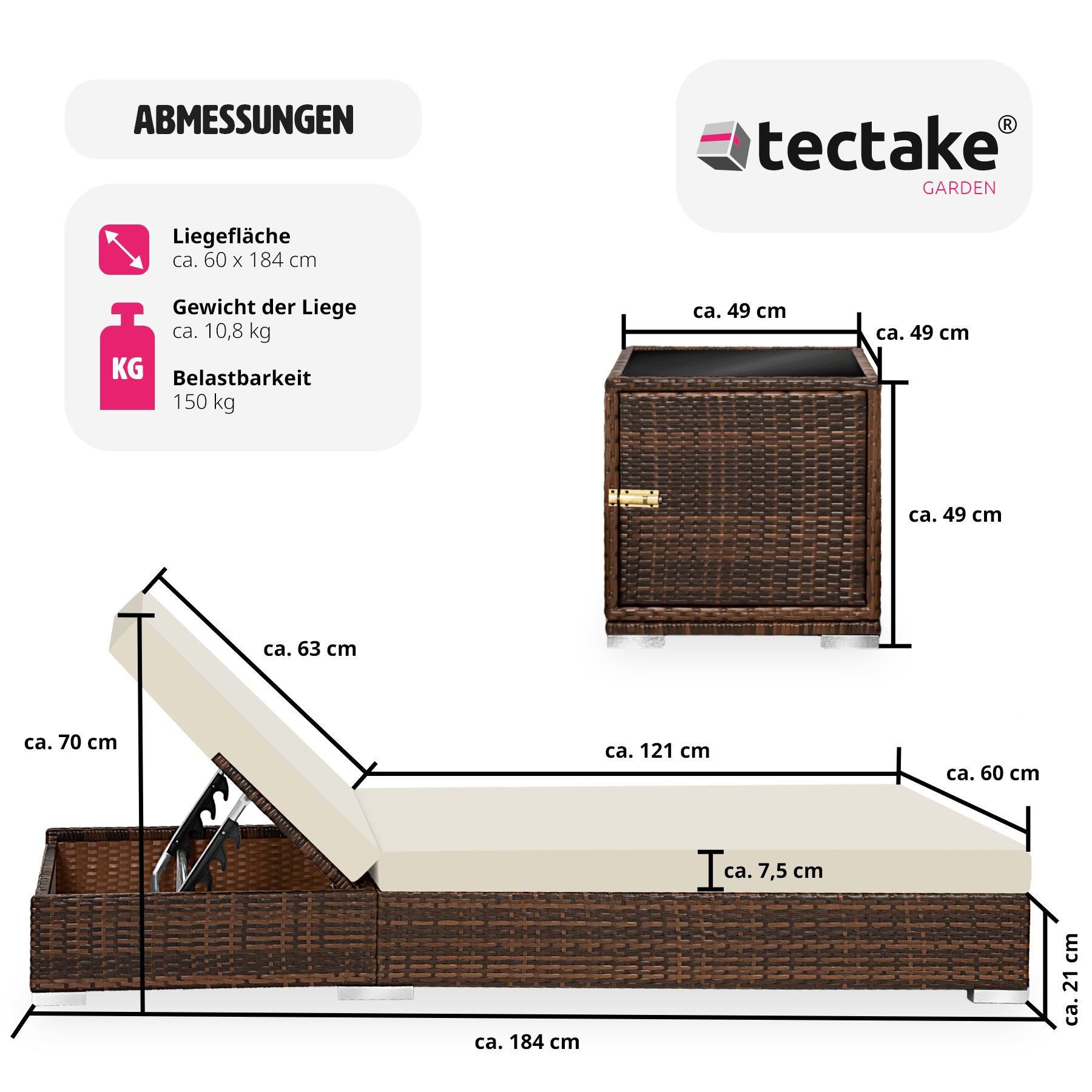 tectake® 2er Set Rattan Sonnenliegen, mit Aluminiumgestell, 5-fach verstellbare Rückenlehne, Dicke des Polsters 7,5 cm, inklusive Schutzhülle