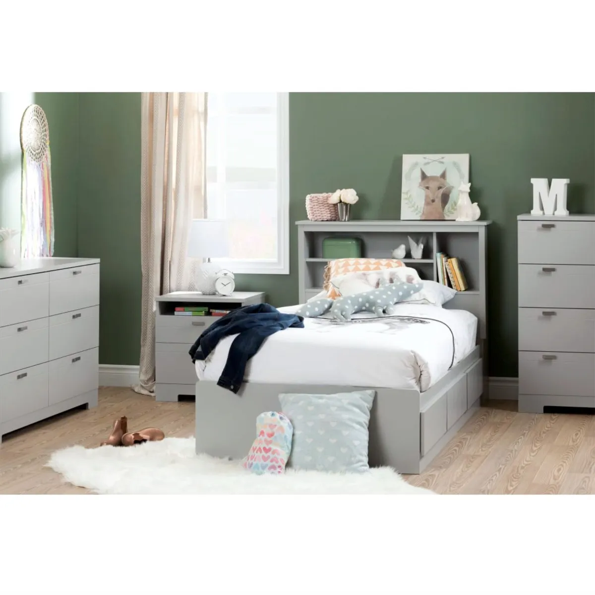 South Shore Reevo Table de Nuit avec organisateur de fils - Gris Clair