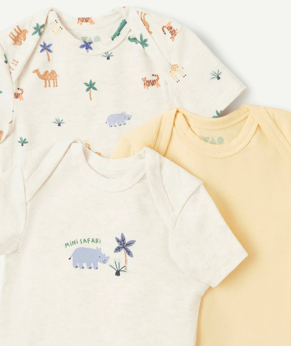 lot de 3 bodies manches courtes bébé en coton bio thème rhinocéros
