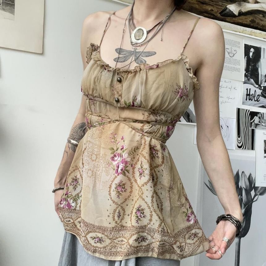 Puffie - Ronde hals, bloemenprint, volantrand, strikceintuur, open rug, camisole top / lage taille, geplooide zoom, maxi-A-lijn rok