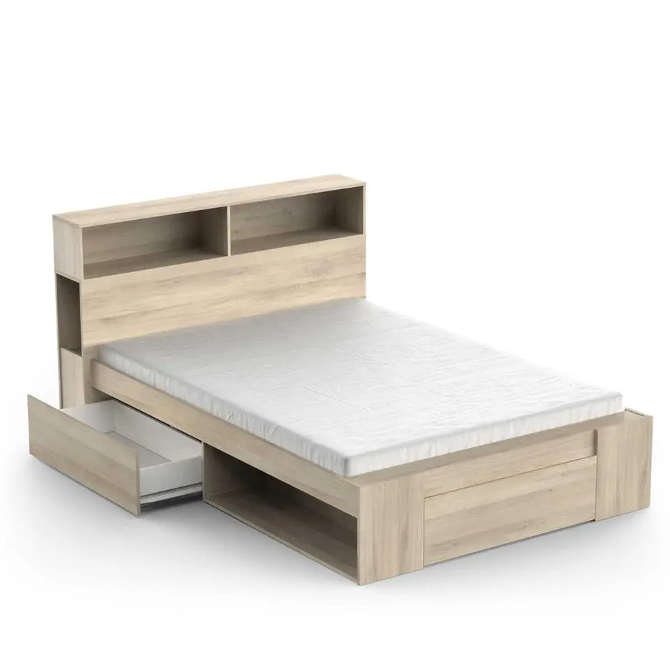 Tweepersoonsbed Maksim - 140x190/200cm - met opbergruimte - eikdecor