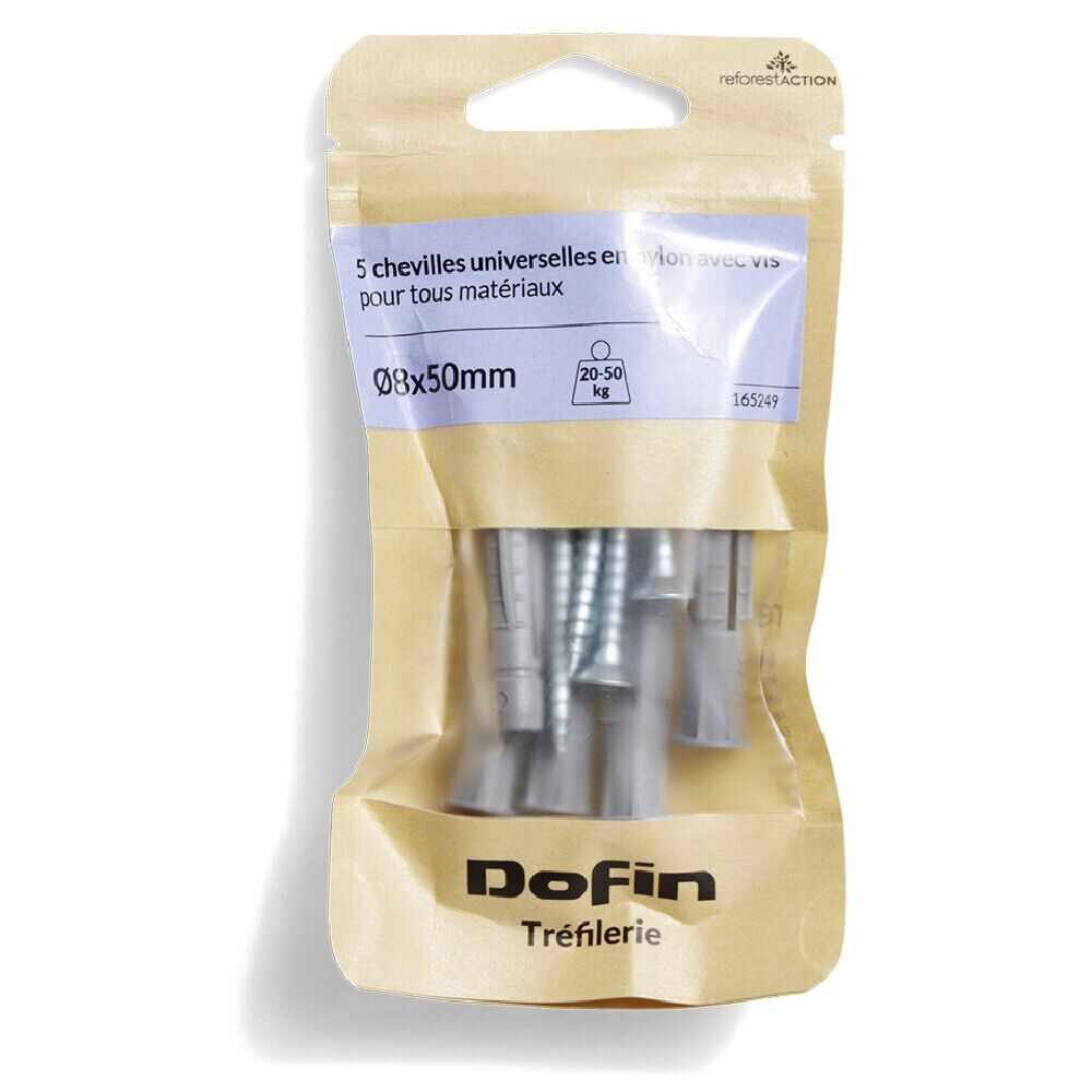 5 chevilles universelles en nylon tous matériaux avec vis - Ø8x50 mm