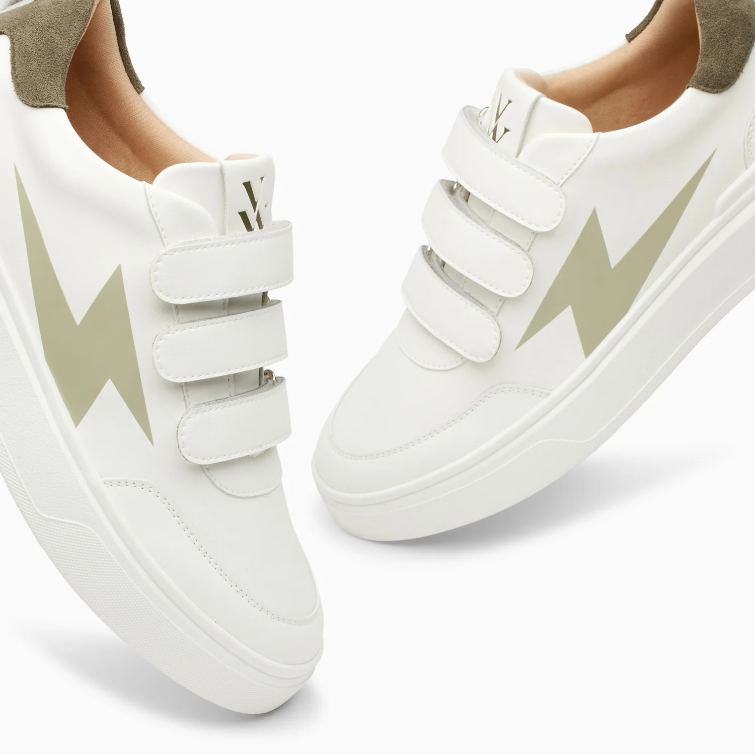 Sneakers-Baskets éclair Lison blanc et kaki à scratchs