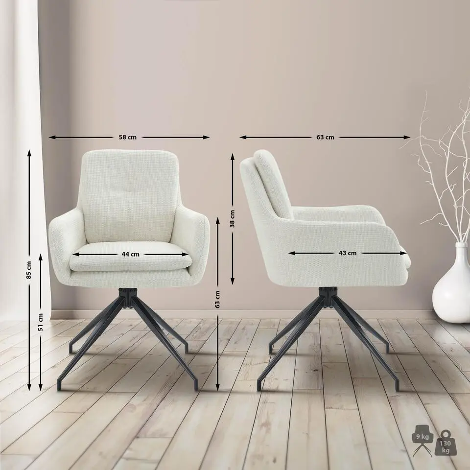 CLP Set van 2 Eetkamerstoel Pickett mat zwart Frame - Stof - creme