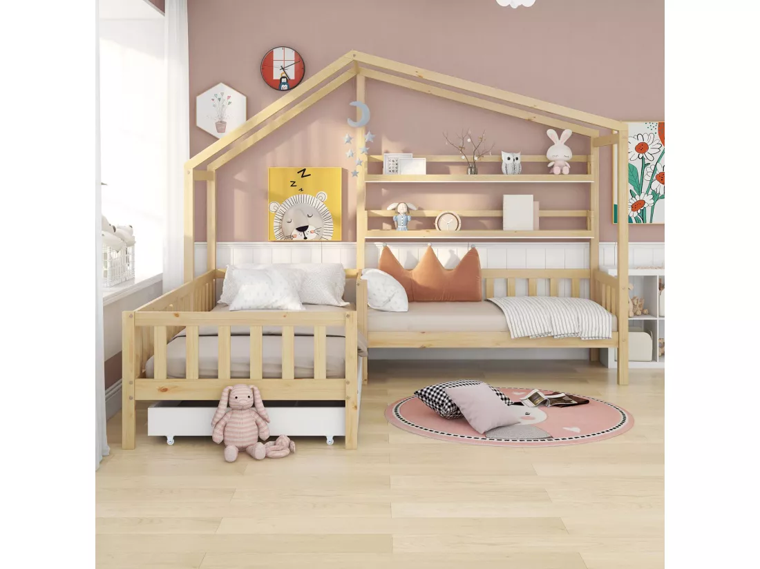 Lit d'enfant Lit de maison avec tiroirs et étagères, en bois massif avec clôture et sommier à lattes, structure en L, naturel (90x200 cm+140x70cm)
