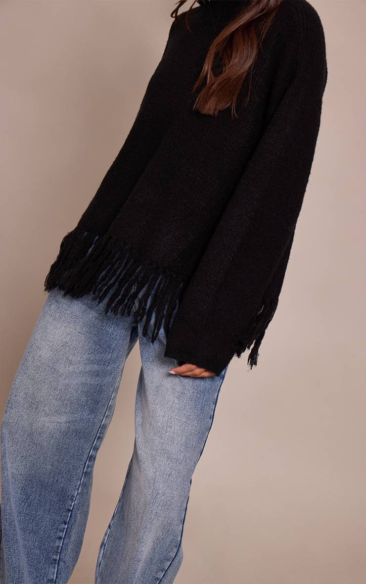 Noir Synthétiquell Oversize Col Rond À Franges