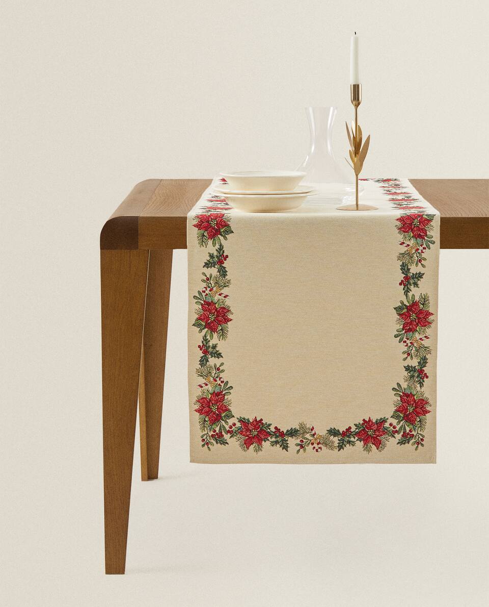 Caminho de mesa de algodão jacquard com estampa de poinsétia de Natal