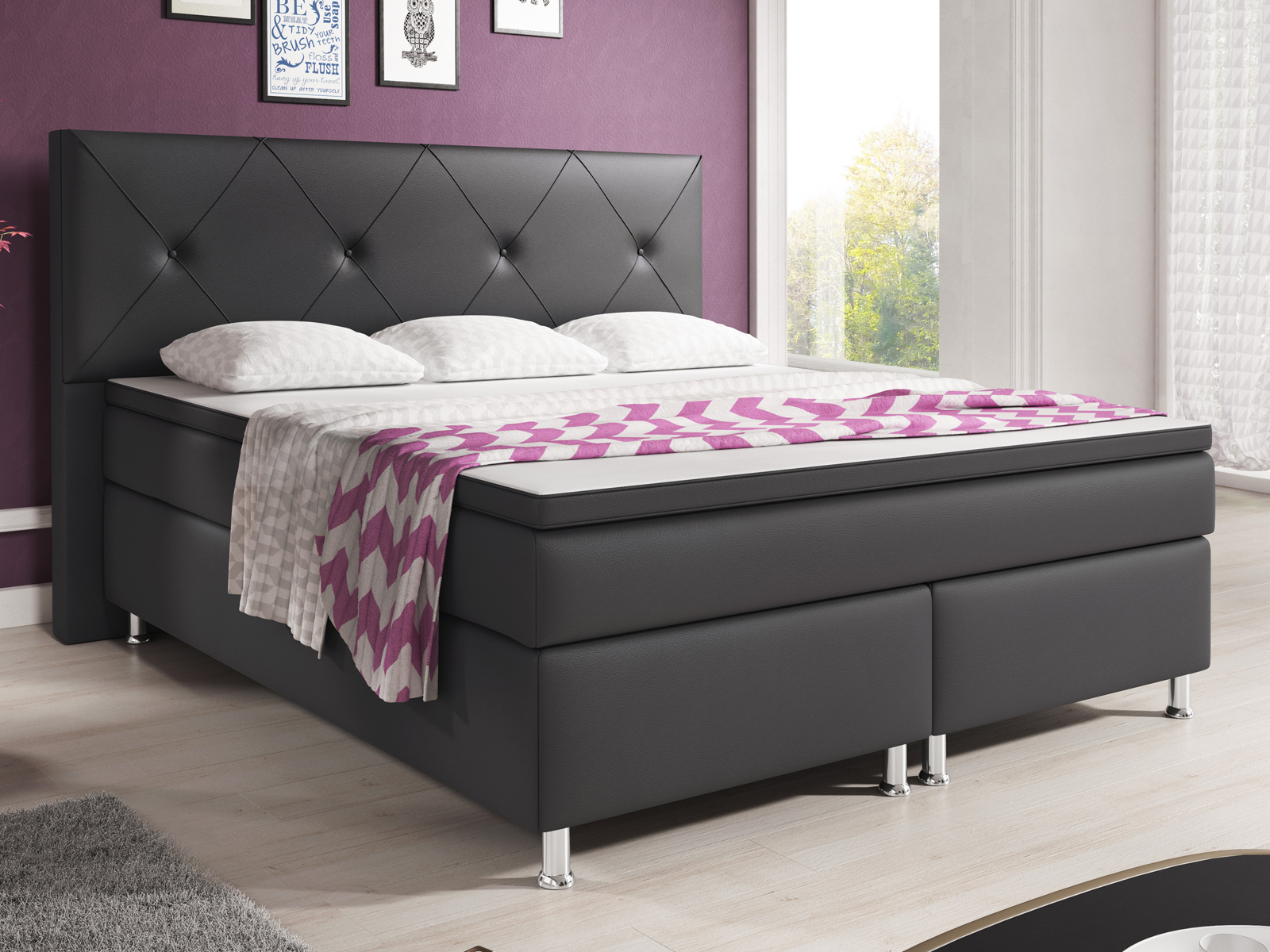 Boxspringbett - anthrazit - H3 - Kunstleder - 180x200 cm