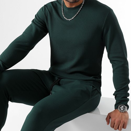 Ensemble Sweat Crewneck Et Pantalon Waffle 0660 Vert Bouteille